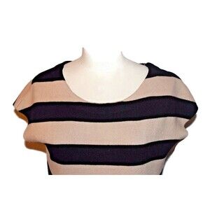 Premise Woman's Size Med Knit Dress Navy  Blue & Beige Striped Cap Sleeve